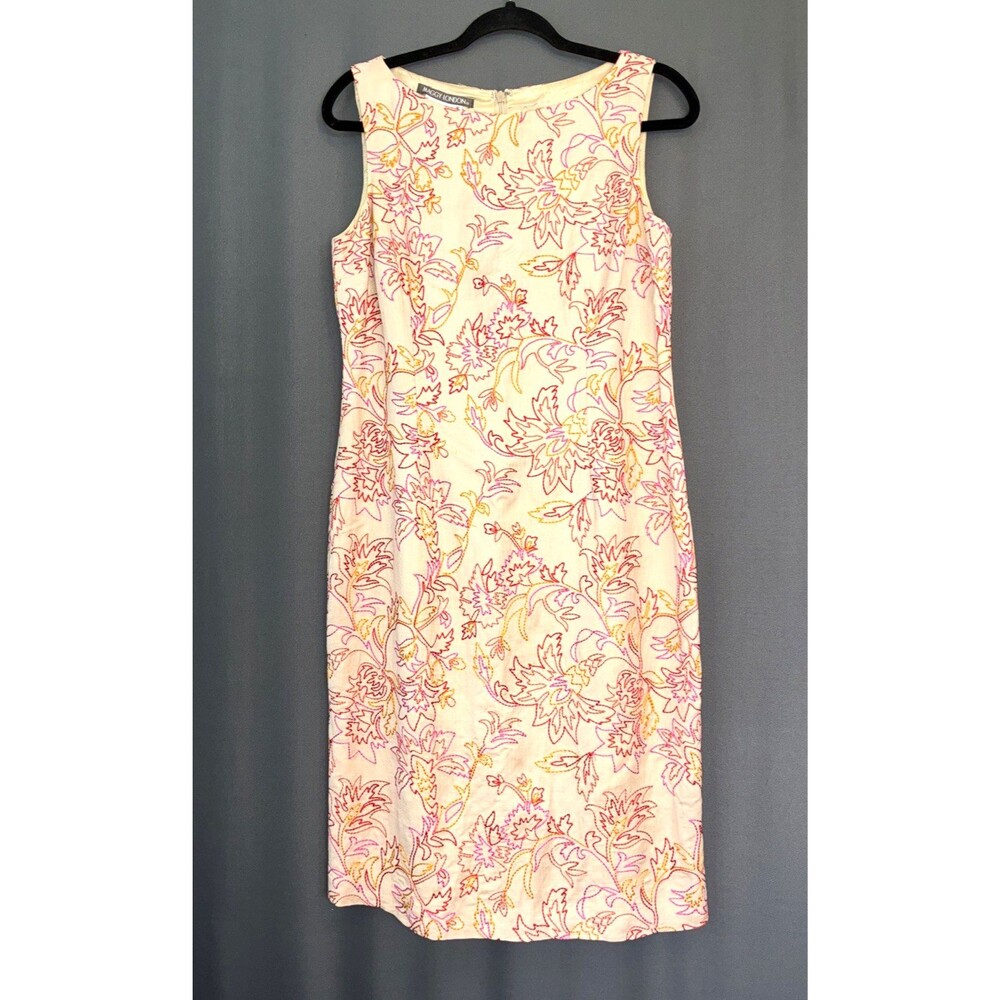 Vtg 90s Maggy London Embroidered Linen Sheath Dress Sz 8 Colorful Floral Cottage